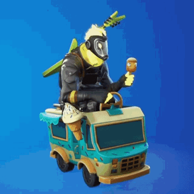 a man in a gas mask is riding an ice cream truck .
