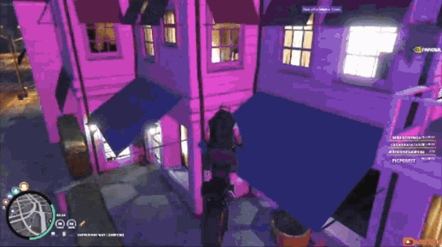 a video game screen shows a purple building with a blue awning on it