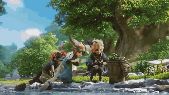 a group of cartoon characters are standing by a river