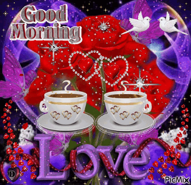 a good morning love greeting with two cups of coffee and hearts
