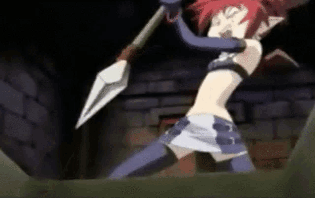 a cartoon girl is holding a spear in her hand .