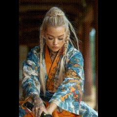 a woman in a kimono is holding a sword in her hands .