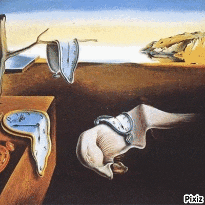 a painting of a clock that is changing shape with pixiz in the corner