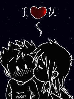 a black and white drawing of a boy and a girl kissing with the words i love you written above them