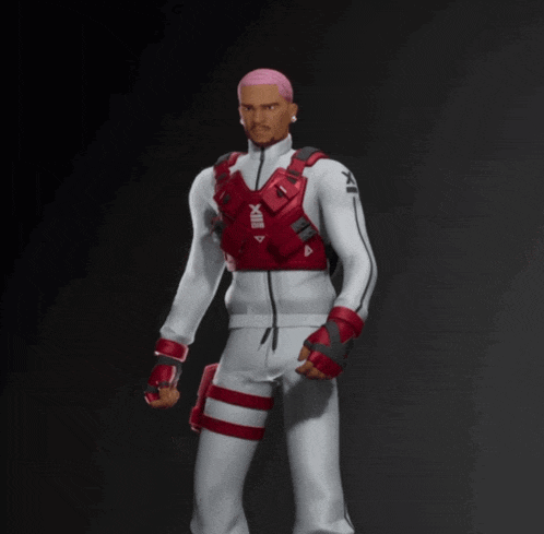 a man with pink hair and a red vest that says xii on it