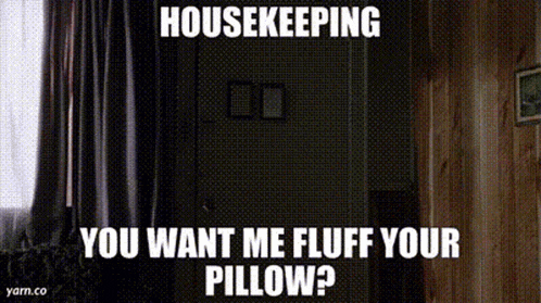 a meme that says " housekeeping you want me fluff your pillow ? "