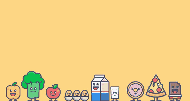 a bunch of food icons with faces on them are lined up on a yellow background .