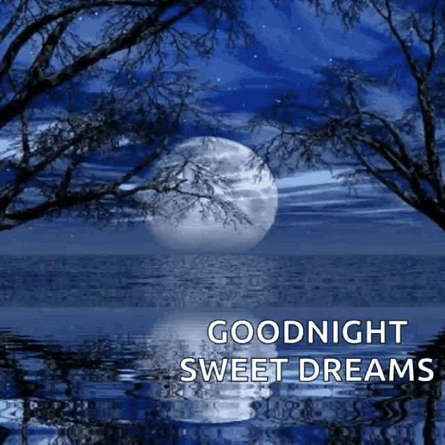 a picture of a full moon over the ocean with the words goodnight sweet dreams