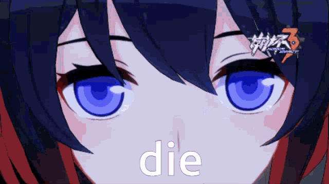 a close up of a girl 's face with the word die written in white