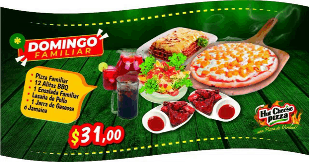 an advertisement for hot cheese pizza shows a variety of food and drinks for $ 31.00