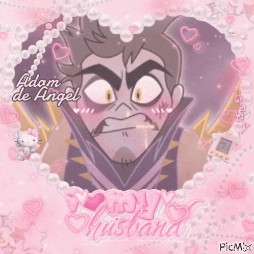 a picture of adam de angel is surrounded by pink pearls and hearts .