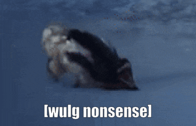 a penguin is laying on its back with the words [ wulg nonsense ] written below it