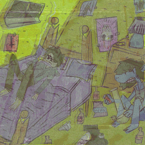 a drawing of a man laying on a bed with a bottle of cheetos in the background
