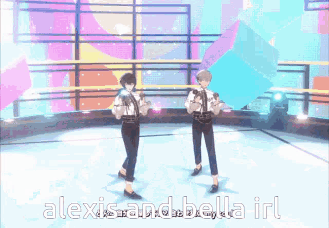 a couple of people dancing on a stage with the words alexis and bella in the lower right corner