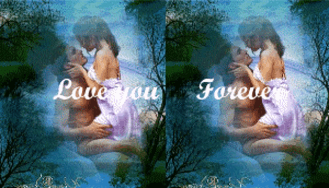 a picture of a man and woman kissing with the words love you forever on the bottom