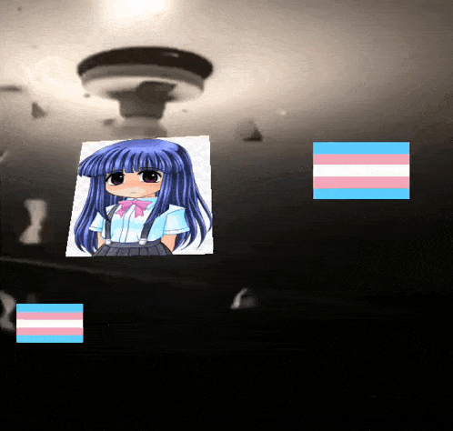 a picture of a little girl with blue hair and a pink bow