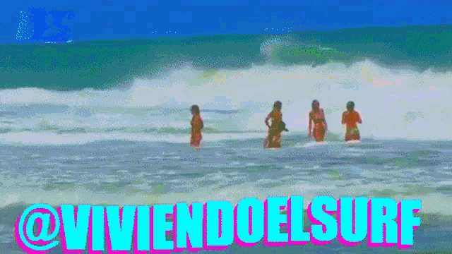 three women in bikinis are walking out of the ocean with the words @viviendoelsurf written above them