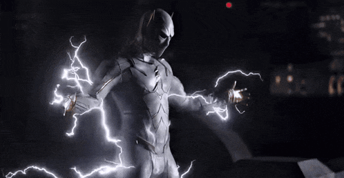 a man in a white superhero costume is surrounded by lightning