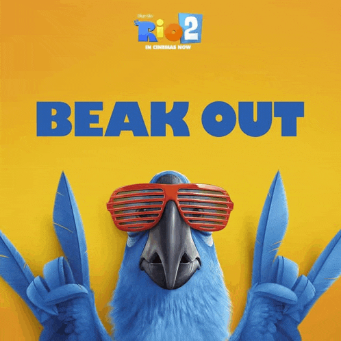 an advertisement for rio 2 shows a blue parrot wearing red sunglasses