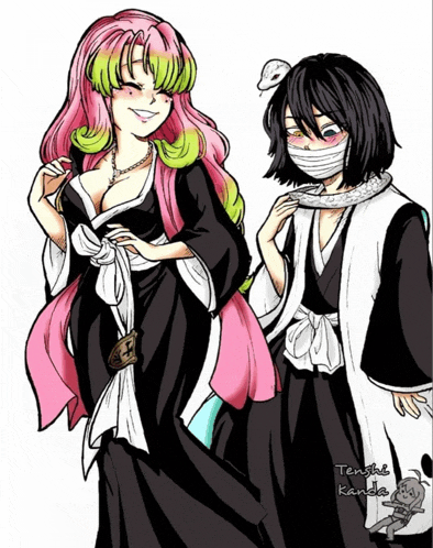 a drawing of a girl with pink hair standing next to another girl