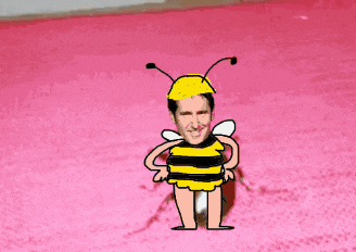 a cartoon of a man dressed as a bee on a pink carpet