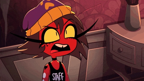 a cartoon character wearing a hat and a tank top that says staff