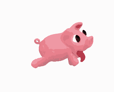 a pink pig is running on a white background and looking at the camera .
