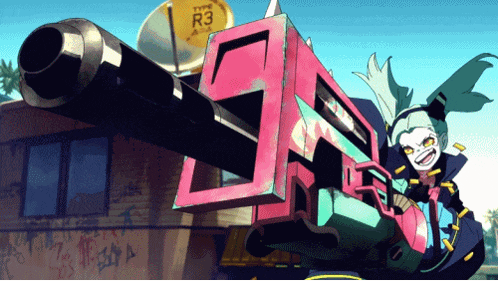 a cartoon character is holding a large gun in front of a sign that says r3
