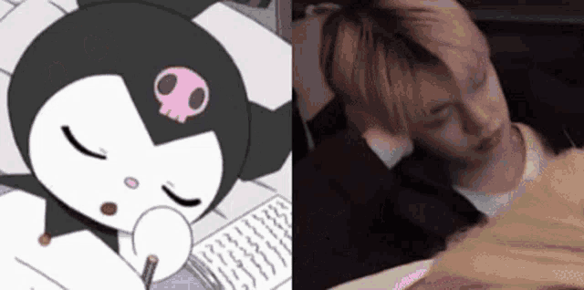 a picture of a cartoon character and a picture of a person sleeping