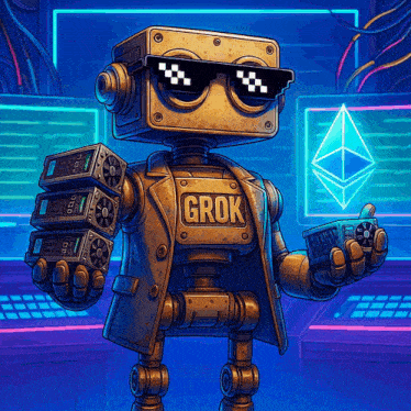 a robot wearing sunglasses and a jacket that says grok