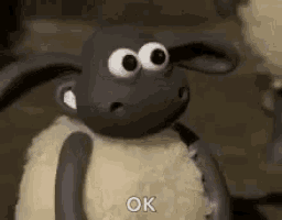 a cartoon sheep with big eyes is saying `` ok '' while standing next to another sheep .