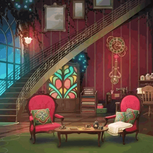 a living room with a clock on the wall and a staircase