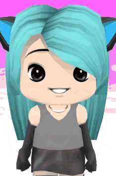 a girl with blue hair and cat ears is smiling