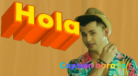 a man wearing a hat is standing in front of a sign that says hola captain baraya