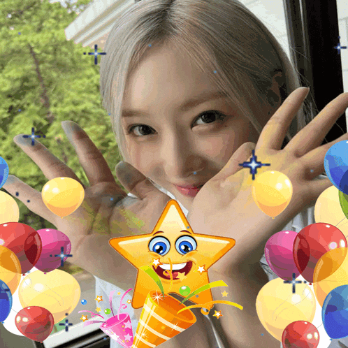 a woman is surrounded by balloons and a star shaped confetti cannon