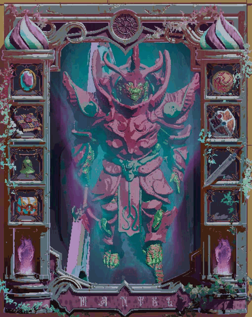 a pixel art painting of a monster with a sword in a frame with the letters bn on it