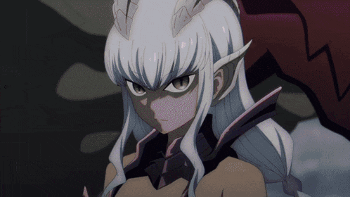 a woman with white hair and horns looks angry
