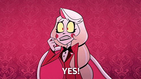 a cartoon character says " yes " in front of a pink background