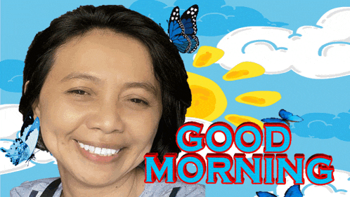 a woman is smiling in front of a blue background with butterflies and the words good morning
