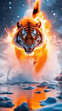 a painting of a tiger surrounded by fire