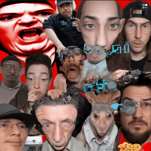 a collage of faces including a rat and a man with a hat that says ' abercrombie & fitch '
