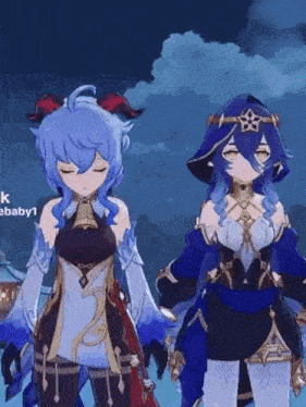 two anime characters are standing next to each other in a video game .