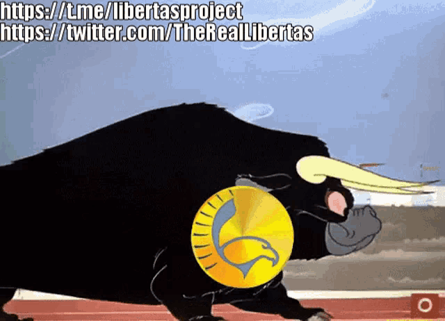a cartoon of a bull holding a coin with the words https://t.me/libertadproject https://twitter.com/thereallibertad