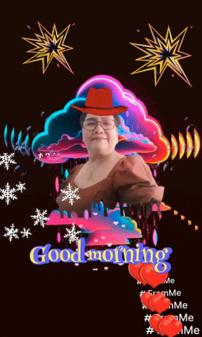 a woman wearing a red hat and glasses is surrounded by clouds and the words good morning