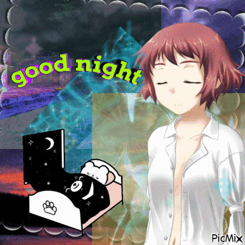 a picture of a girl sleeping with the words good night written above her