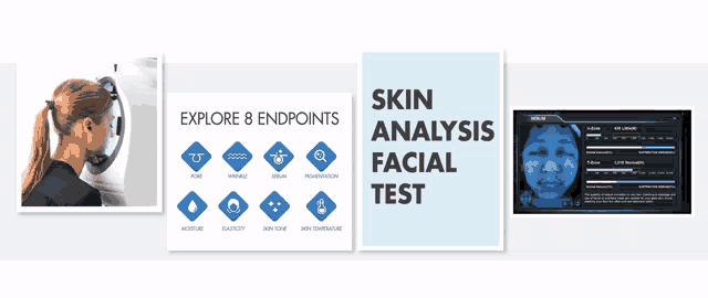 a poster for a skin analysis facial test shows a woman looking at her face