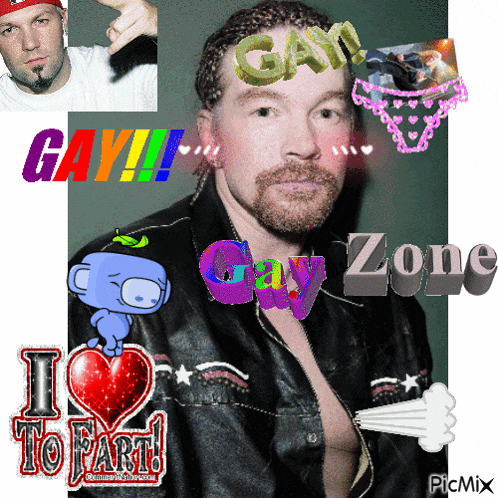 a man in a leather jacket is surrounded by various images including one that says gay zone