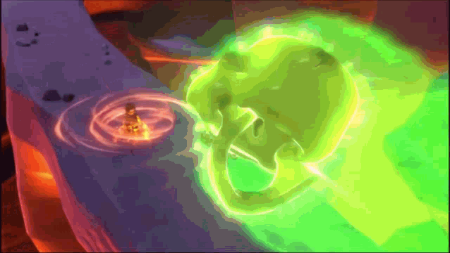 a green glowing object is surrounded by a red circle