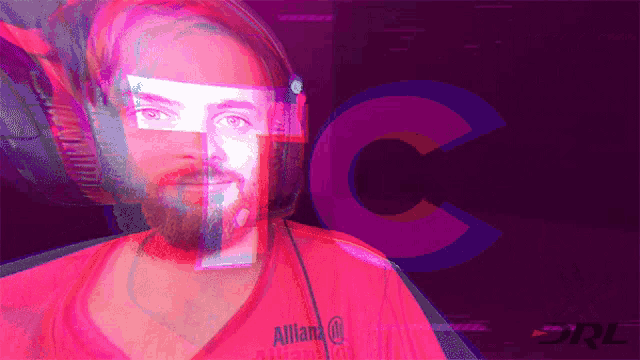 a man wearing headphones and a red shirt that says allianz on it