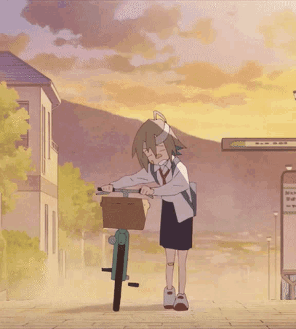 a girl in a school uniform is riding a bike with a basket on it